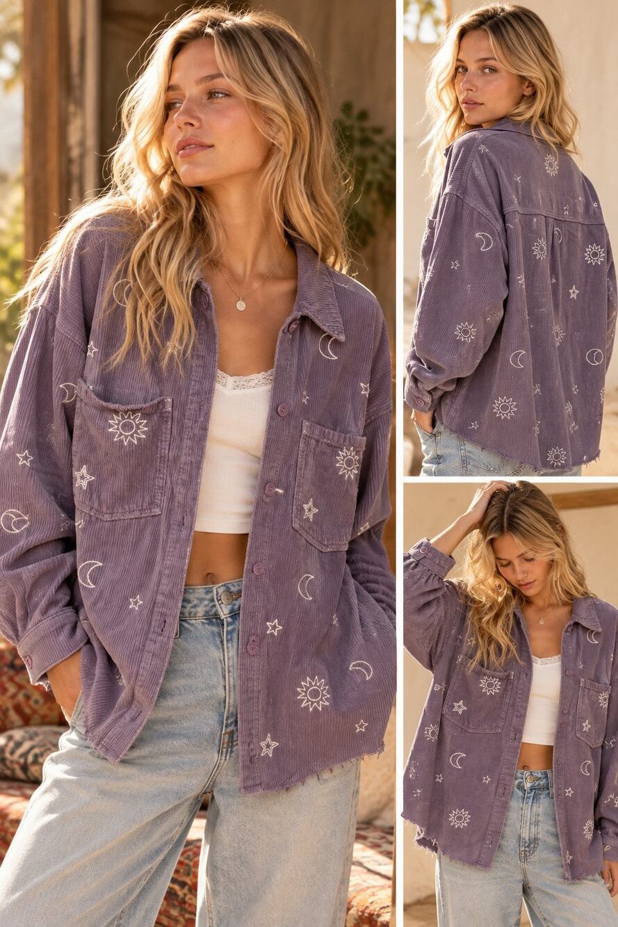PacSun Sun & Stars Purple Corduroy Shacket M/L Celestial Embroidered Raw Hem Y2K